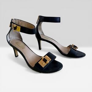 Louise et Cie Kaliope Black Leather Gold Hardware Ankle Strap Heels 7.5 Open Toe
